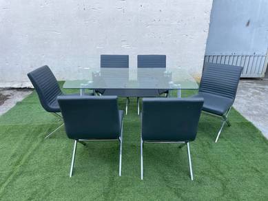 PK171 Meja Makan Kaca 5' Glass Dining Table 1 + 6