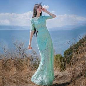 Red mint green short sleeve lace split slit dress