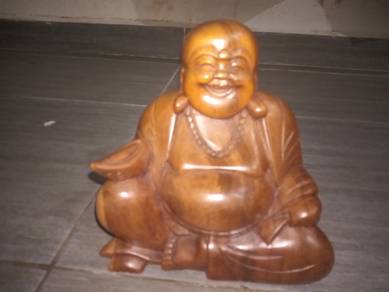 Carved Wooden Laughing Buddha Statue 7" tall