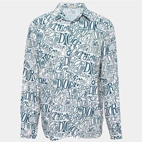 Dior White and Blue Swirl Logo Printed Shirt