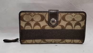 Coach Signature Khaki Brown Zip Around Long Wallet