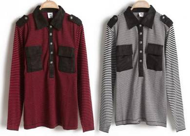 0510 Epaulette Striped Suede Pocket Collar T-Shirt