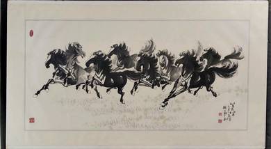 Chinese Ink Painting of Eight Galloping Horses