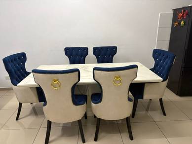 Premium 6-Seater Dining Table Set – Blue & White –