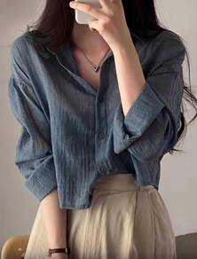 Long Sleeve Loose Blouse Blue Top