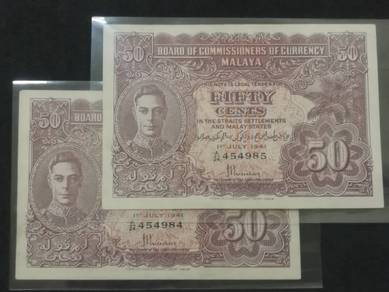 Malaya 1941 King George 50 Cents 2 Pcs 