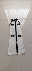 White Ribbed Halter Dress with Black Trim and Butt