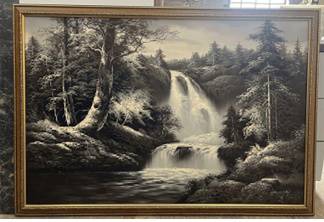 Classic Monochrome Waterfall Landscape Artwork
