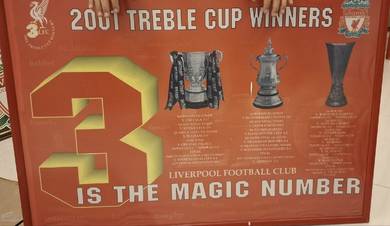 Liverpool 2001 Treble Cup Winners Flag with Frame