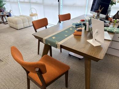 Wooden Table with 3 Orange Fabric Chairs