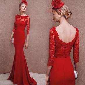 Red long sleeve wedding bridal prom dress RB0542