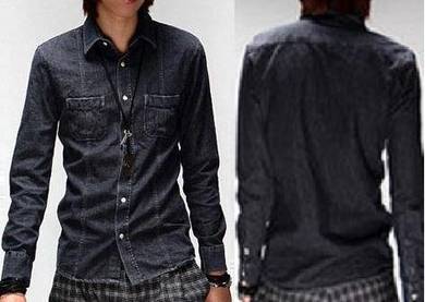 B5047 BLACK JEANS DENIM SHiRT POCKET KEMEJA HITAM