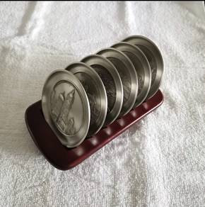 Exclusive Pewter Coaster Set with Wooden Holder