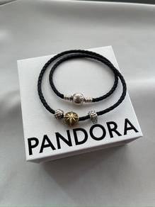 Pandora Black Leather Bracelet Set + 3 Charms