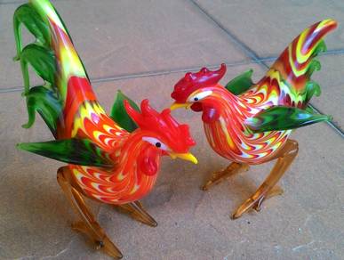 Dy MultiColour Glass Designed Rooster & Hen
