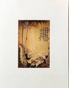 Chinese ink Painting 3 Pandas, Bamboo & Mountains