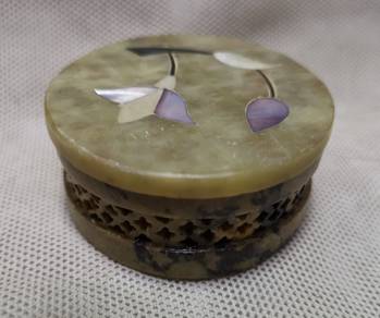 Vintage Hand Carved Round Soapstone Trinket Box ~
