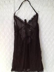L1149-1 Sexy Black Sheer Halter Lace Trim Chemise