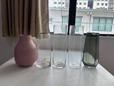 Set of 5 Glass Vases - Pink, Clear, and Grey
