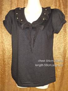Cute Japanese Style Black Blouse with Pearl Ribbon