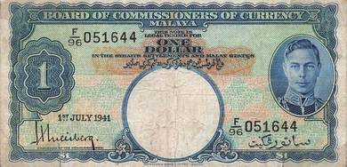 BOC of currency Malaya KGVI 1 dollar 1941 F96