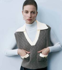 UR Urban Revivo Knit Vest V Neck Contrast Collar