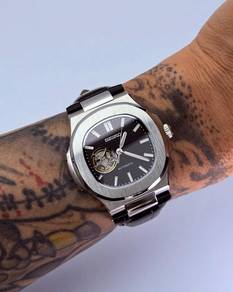 Custom Seiko Mod 40mm Black Open Heart Silver Naut