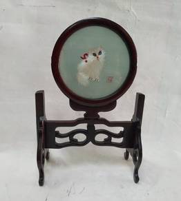 Vintage Chinese Wooden Table Screen with Hand Embr