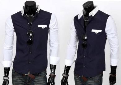 0532 Two Tone Chic Buttons Blue Long Sleeved Shirt