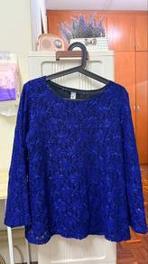 Elegant Royal Blue Lace Blouse Dinner Top Size M