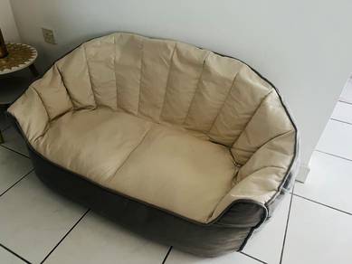 Bean Bag 2-Seater Sofa Grey/Beige + Footrest