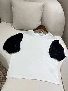 Valentino Flaral Lace-Sleeve Cotton T-Shirt