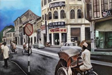 Wooden Framed Oil Painting - Road To Penang 1965