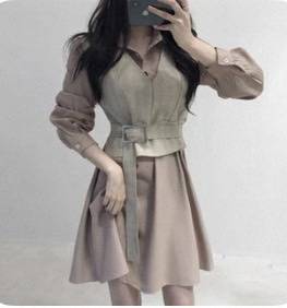 2pcs sleeveless coat + long sleeve dress with belt