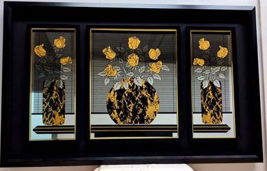 Gold Roses in Black Vases Etched Mirror Trio