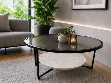 Designer glass coffee table with marble (round)