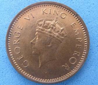 British India Half Pice 1939 KGV Bronze coin