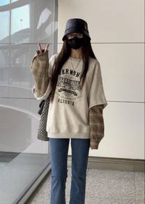 Vintage-Style Layered Plaid Sweatshirt with Beads