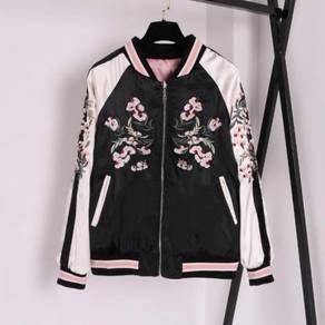 Pink black flower embroidery two way bomber jacket
