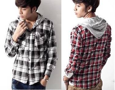 A0599 BLACK HOODIE PLAID LONG SLEEVE SHiRT 🔥