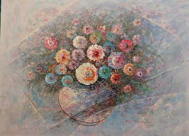 Oil Painting Impressionistic Bouquet in Round Vase