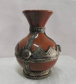 Vintage Moroccan Ceramic Vase With Silver Plated C