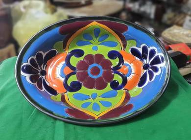 Talavera Oval Dish Bowl Lead Free Orange Blue Gree