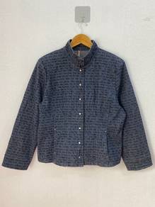 Japanese Blue Text Print Button Up Jacket