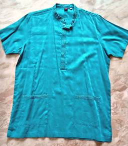 Short-sleeved shirt, mandarin collar, blue/cyan