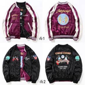 Black purple embroidery two way bomber jacket RBT0