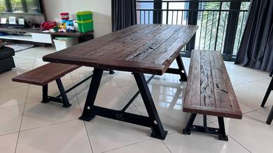 Solid Teak Dining Table + 2 Benches, Industrial