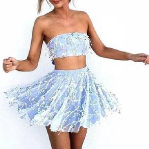Nude blue yellow two piece sequin party dress