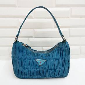 Prada Womens Nylon Ruched Gaufre Blue Shoulder Bag