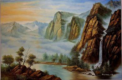 Framed Oil Painting  - Mountain Serenity at Dawn